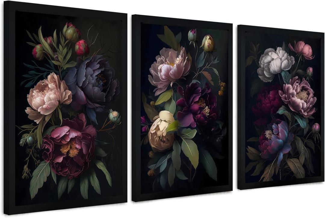 Krtoni 3PCS Framed Dark Flower Wall Art, Neutral Black Peony Floral Canvas Artwork Prints, Rustic Boho Farmhouse Flower Botanical Picture Paintings for Living Room Bedroom Office 12W x 16H