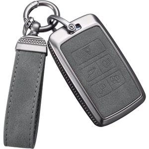 YO&YOYE for Land Rover Key Fob Cover with Keychain Leather Key Case Protector Compatible with Land Rover Vogue Range Discovery Rover Sport (Model2, Grey)