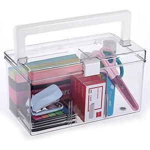 BTSKY Multipurpose Plastic Storage Box with Top Handle & Latch Lock- Portable Storage Box Sewing Box, Tool Box with 2 Removable Grids and Anti-slip Feet for Organizing Art Craft Supplies, Cosmetics,