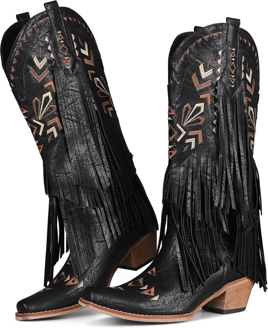 SaraIris Women's Cowgirl Boots Knee High Fringe Boots | Casual Boots (Black)