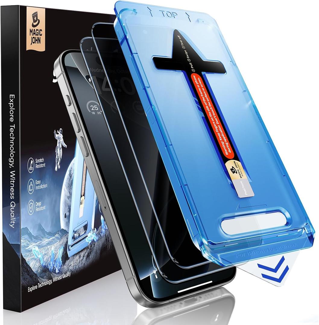 MAGIC JOHN 2 Pack for iPhone 16 Pro Max 6.9 inch Privacy Tempered Glass Screen Protector, Bubble Free, Easy Installation, Auto Dust-Elimination