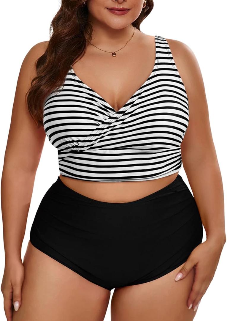 Eytino Womens Plus Size Bikini Sets High Waisted V Neck Bahting Suits Two Piece Color Block Swimsuits(1X-5X) (3X, Striped)