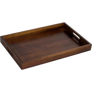 Acacia Wood Serving Tray with Handles, Rustic Wooden Serving Platter for Coffee Table, Ottoman Table, Brown Decorative Organizer for Kitchen Island, 17" x 11" Large Rectangle Centerpiece, 1 Pack