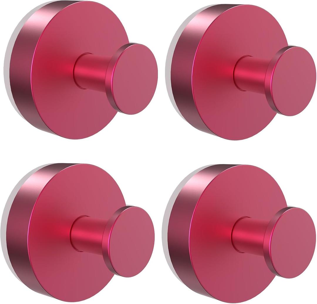Vacuum Suction Cup Hooks for Shower 4 Pack, Heavy Duty Aluminum Alloy Towel Hooks for Bathroom Kitchen Glass Tile Mirror Wall No Drill Removable Robe Loofah Coat Suction Hooks Hanging-Red