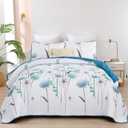 Dinjoy Floral Quilt Set Queen Size,Teal Bedspread Coverlet Botanical 3 Pieces Summer Quilts Microfiber Lightweight Blue Bedspreads White Soft Reversible Cute Bed Cover Sets for Fall Winter (96"x90")