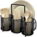 DysanVica Utensil Caddy Silverware Holder - 4 Compartment Metal Mesh Cutlery Fork Spoon Napkin Plate Organizer Flatware Storage Basket Party Kitchen Countertop Buffet Picnic Camping Outdoor BBQ Black