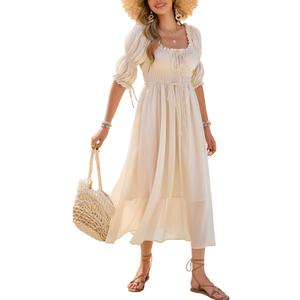 R.Vivimos Women's Summer Square Neck Midi Dress 2025 Casual Puff Half Sleeve Elastic Empire Waist Boho Flowy Long Dresses (Large, Beige)