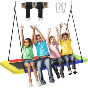 60'' Rectangle Platform Tree Swing for Kids and Adults, Giant Flying Swing with Adjustable Hanging Strap, Waterproof Textilene Fabric Tear & UV Resistant, Swings Set for Backyard Garden (Rainbow)