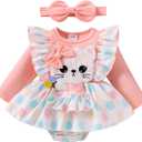 Baby Girl Clothes 12 18 Months Romper Infant Ruffle One Piece Cute Cat Cartoon Dress Fall Winter Long Sleeve Outfits with Headband Pink 12-18 Months
