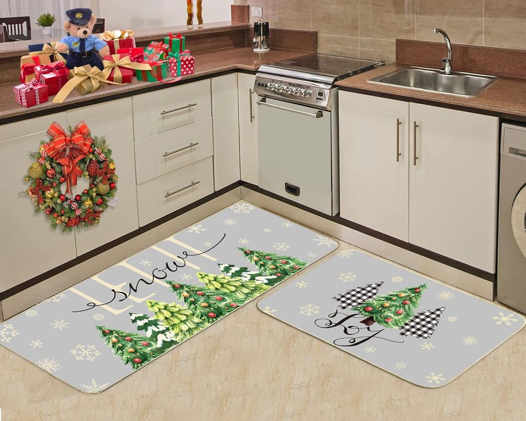Merry Christmas Kitchen Rugs Set of 2 Grey Farmhouse Decorative Rubber Backing Xmas Winter Holiday Floor Mat Tree Joy Mat Anti-slip Let It Snow Decorations for Indoor Outdoor Home 17x28 and 17x47 Inch