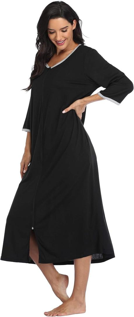 Giova Women's Sleepwear Zipper Long Nightgown Lounge Wear Dress Gown Soft Nightshirt (Black, XXL)
