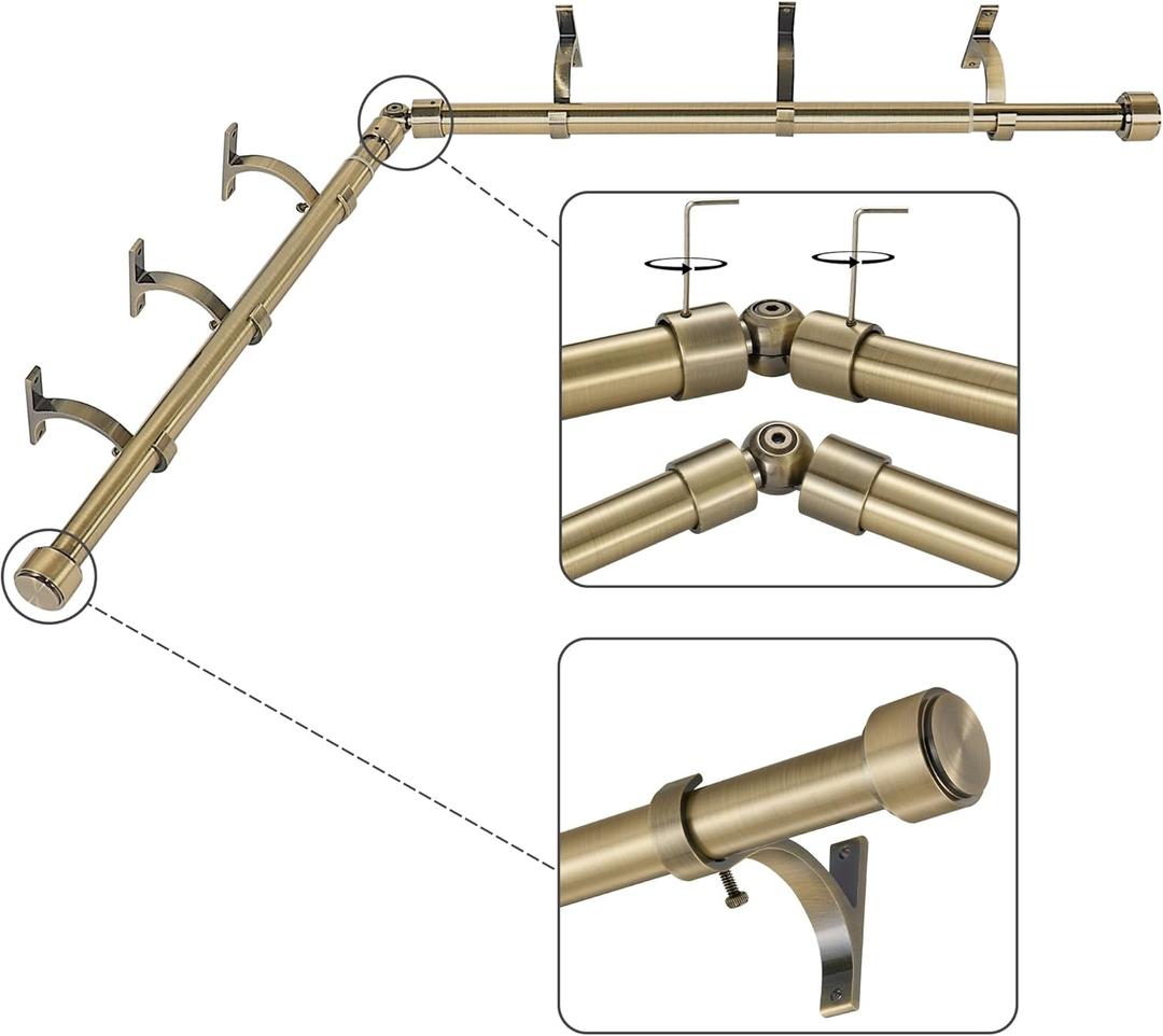 Antique Bronze Corner Window Curtain Rods with Aluminum End Cap Finials and Brackets,1 Inch Diameter Bay Window Curtain Rods,2 Sided 36-72 Inch Adjustable Drapery Rod