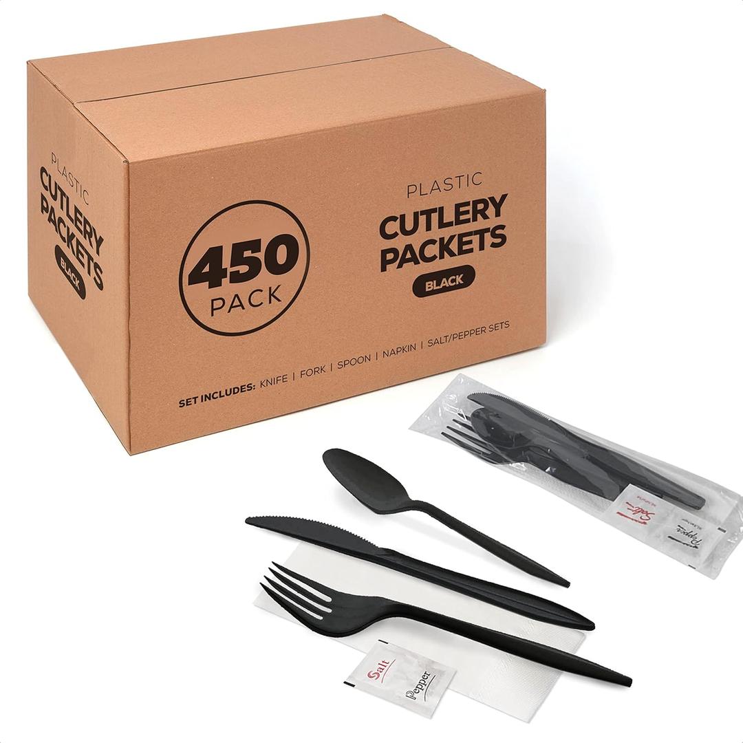 450 Black Plastic Cutlery Packets - Knife, Fork, Spoon, Napkin, Salt, Pepper Sets | Individually Wrapped Silverware Kits, Disposable Bulk To-Go Utensils