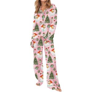 SHESHOW Satin Pajamas for Women Set Long Sleeve Button Down Sleepwear 2 Piece Nightwear Women Pjs Sets Size XS-XXL (Small, Pink Christmas)