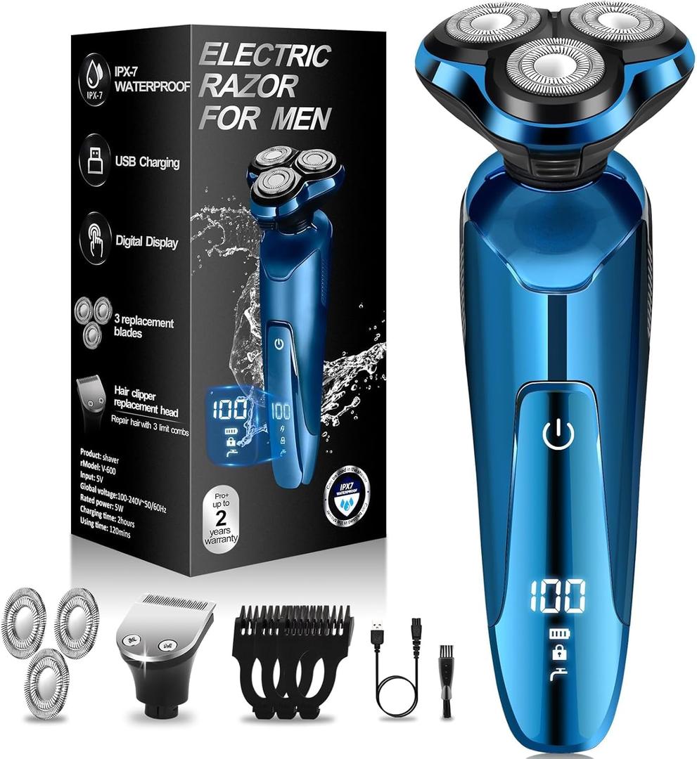 Electric Razor for Men, Mens Shaver for Wet Dry Beard/Sideburns/, Cordless Electric Shavers for Men Floating Head Replaceable Blades, IPX7 Waterproof Travel Kit (Blue)