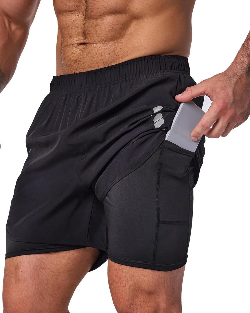 5 Pack Mens Shorts, 2 in 1 Athletic Workout Running Shorts with Liner | 5 Inch Men's Basketball Shorts with 3 Pockets, Lightweight Quick Dry Sweat Gym Shorts for Men Running, Gym, Training Casual (Black, XXXL)