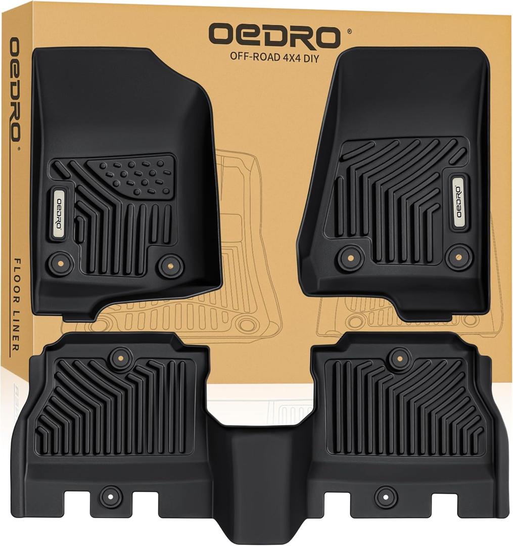 OEDRO Floor Mats Fit for 2018-2024 2025 Jeep Wrangler JL Unlimited 4-Door, TPE All-Weather Floor Liners for 1st and 2nd Row Full Set Car Mats, Black