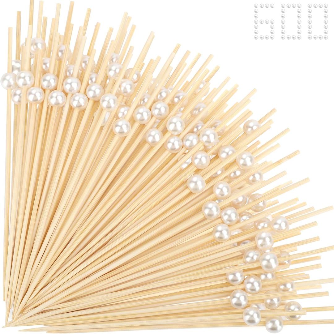 600 Cocktail Picks, White Pearl Fancy Toothpicks for Appetizers Drinks Fruit Food, 4.7 IN Long Bamboo Skewers Wood Cocktail Sticks for Wedding Bridal Shower Party Decor Charcuterie Boards Accessories