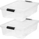 IRIS USA 27 Qt Stackable Plastic Storage Bins with Lids, 2 Pack - BPA-Free, Made in USA - Discreet Organizing Solution, Latches, Durable Nestable Containers, Secure Pull Handle - Clear