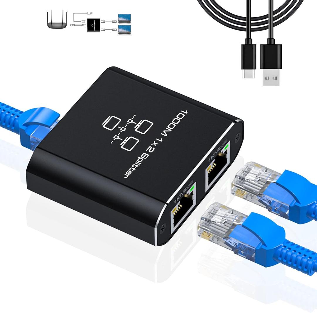 Gigabit Ethernet Splitter 1 to 2 - Network Splitter with USB Power Cable, RJ45 Internet Adapter 1000Mbps High Speed for Cat 5/5e/6/7/8 Cable [2 Devices Networked Simultaneously]