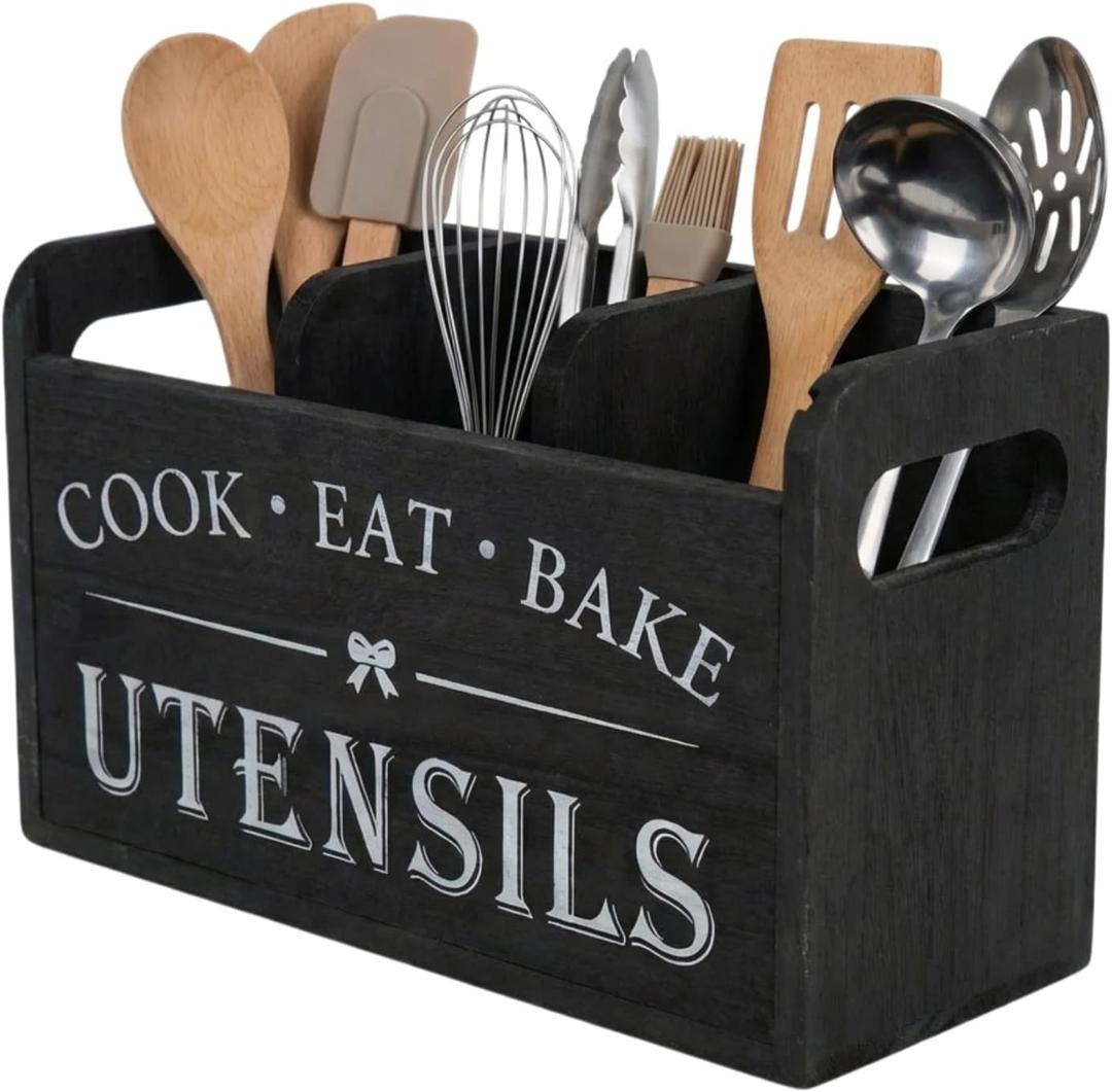 3 Compartment Wooden Utensil Holder, Black Farmhouse Kitchen Organizer with Removable Dividers for Countertop Storage Utensil Caddy, 10.6x4.1x6.1 Inch