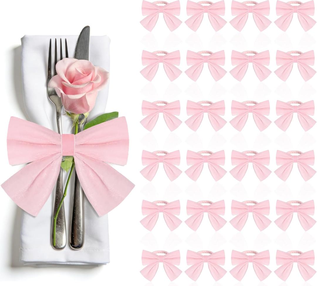 24 Pcs Pink Bow Napkin Rings,Velvet Napkin Ring Buckle Holders for Holiday Serviette,Wedding Napkin Rings,Birthday Anniversary Party Dinner Valentines Day Wedding Dining Tableware Decor