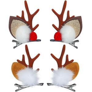 TailaiMei Christmas Hair Clip, 2 Pairs Cute Reindeer Antlers Ears Hair Accessory with Plush Ball, Christmas Hair Pins for Women and Party Favors
