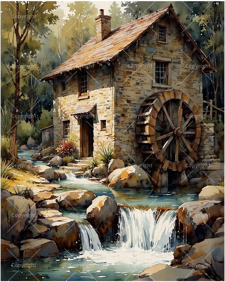 River Mill House Paint by Numbers Kit for Adults - DIY Watermill by Stream Painting on Canvas, Acrylic Paint Set, Suitable for Beginners, Home Wall Decor or Gift Idea(16X20IN Framed)