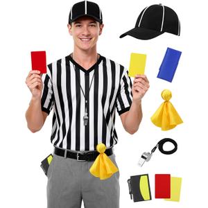 SOMSOC 6Pcs Referee Costume Set, V-Neck Referee Shirt Cards Hat Penalty Flag Whistle Sandbag for Football Soccer (Large, Black and White)