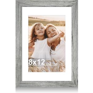 Hongkee 8x12 Picture Frame with Glass, Display Pictures 6x9 with Mat or 8 x 12 without Mat - Wall and Tabletop, 8 by 12 Photo Wooden Frames (Grey, 1 Pack)