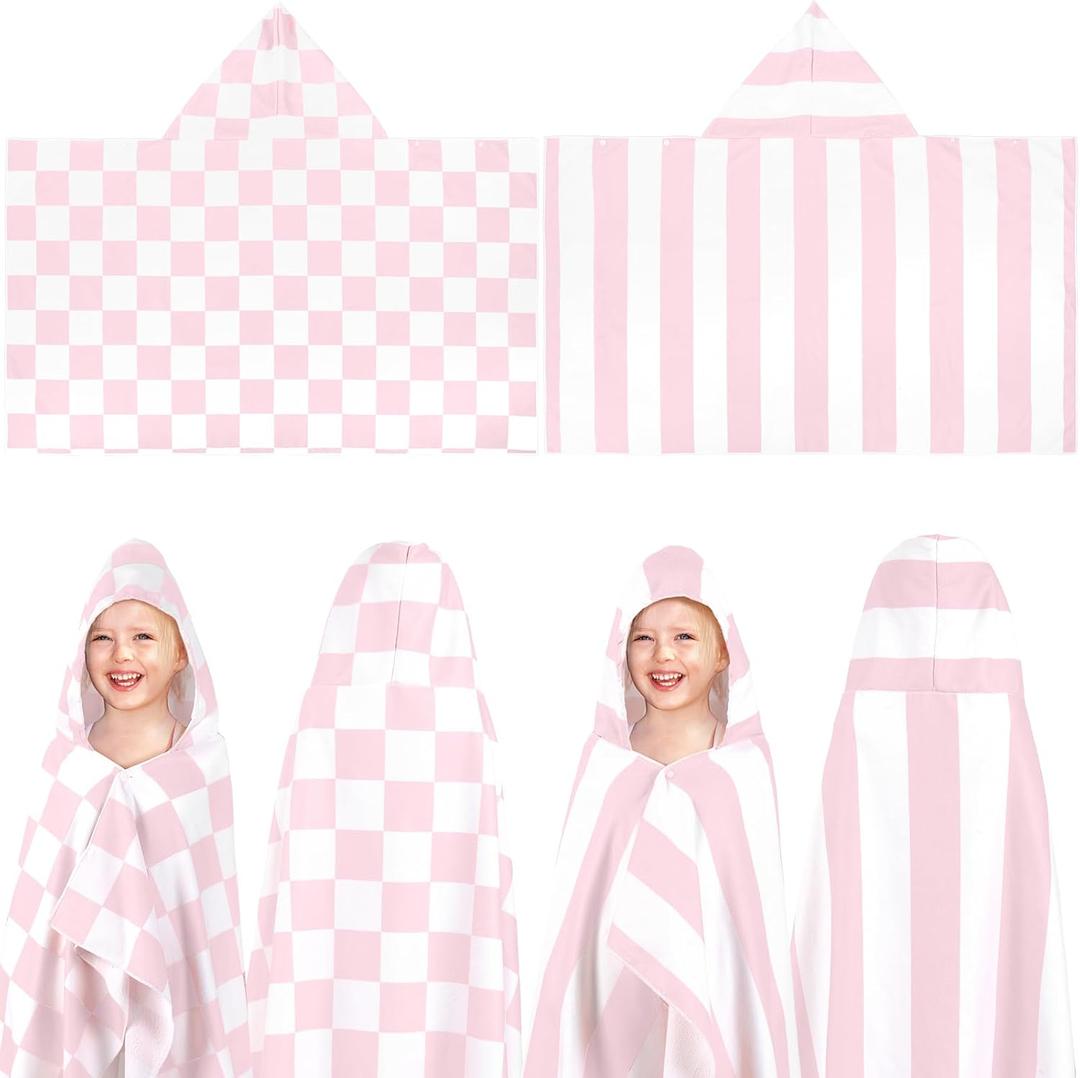 2 Pcs Kids Hooded Bath Towel 50" x 30" Kids Hooded Beach Bath Towels Pink Microfiber Girls Bath Towels Pool Beach Towel Wrap for 3-12 Years Girls Toddlers Swimming Cover up 2 Design (Stripe)