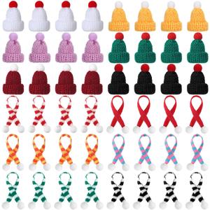 Bencailor 48 Pcs Mini Christmas Hats and Tiny Scarf Set Mini Knitting Doll Hat Scarf Santa Small Snowman Hat Ornaments for DIY Craft Art Doll Decoration (Cute Color)