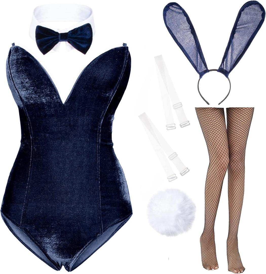 Anime Womens Bunny Girl Costume One Piece Bodysuit Halloween Cosplay Catsuit Bunny Headband Stockings Set (X-Small, Navy)