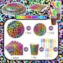 Zonon Cheetah Birthday Decorations Tableware Set Neon Rainbow Leopard Birthday Party Decorations Include Banner, Plates, Napkins, and Tablecloth Etc, for Rainbow Leopard Party Supplies