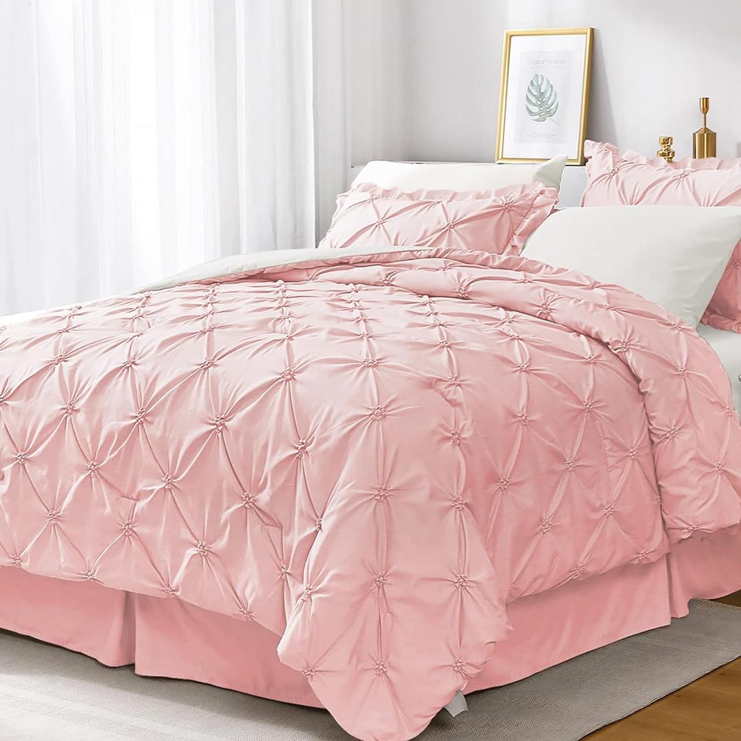 JOLLYVOGUE Queen Comforter Set 7 Pieces, Pink/Ivory Bed in a Bag Comforter Set for Bedroom, Bedding Comforter Sets with Comforter, Sheets,Ruffled Shams & Pillowcases (Queen(88"x 88"))
