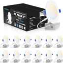 VOLISUN 12 Pack 4 inch Recessed Lighting, 5CCT LED Recessed Light with Junction Box, 2700K-5000K Selectable, 9.5W Eqv 80W, 810LM Dimmable Canless Wafer Downlight, LED Ceiling Light ETL Certificated (White)