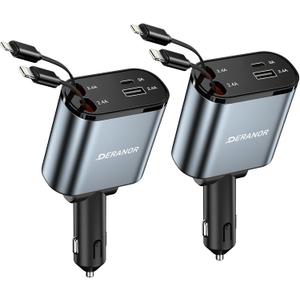 [2 Pack] Retractable Car Charger 4 in 1 Fast Car Phone Charger 69W, USB C Car Truck Accessories Adapter with 2X Retractable Phone Charger Cords and USB Port for i Phone 16/15/14/13,for Samsung S25/S24