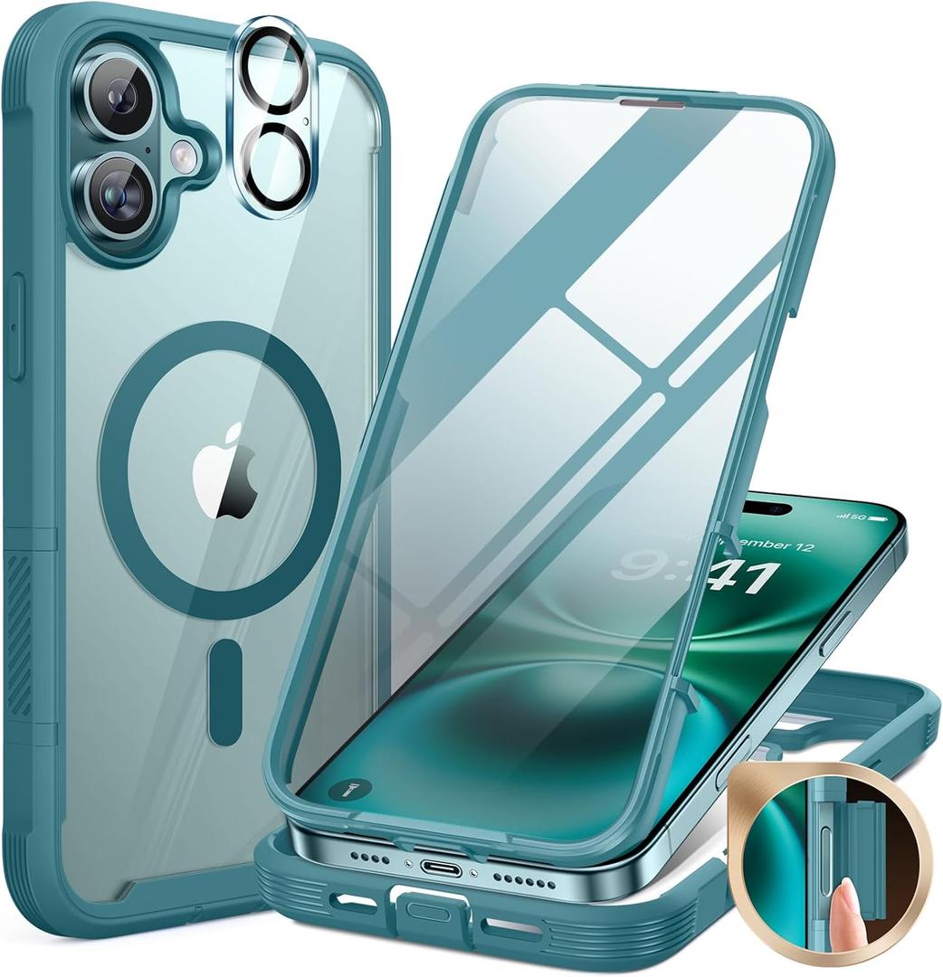 Miracase for iPhone 16 Case 6.1'', [Bubble Free] Full-Body Bumper Phone case with Built-in Full Glass Screen &Lens Protector,No Gap,Compatible with MagSafe,Drop Proof 16 Cover,Green (iPhone 16 6.1", Magnetic Green)