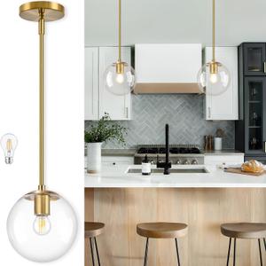 Bagood 8" Globe Pendant Light Gold Mid Century Modern Light Fixture Clear Glass Pendant Lights Kitchen Island Modern Pendant Lights Brushed Brass Finished with Clear Glass Lampshade for Bedroom
