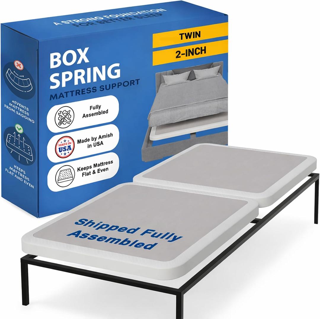 Greaton, Box Spring Bed Base Twin Size, 2-Inch Wood Foundation Amish Made in USA Quiet Noise Free, 2-Pieces Under Mattress-Support BoxSpring, Fully Assembled, White