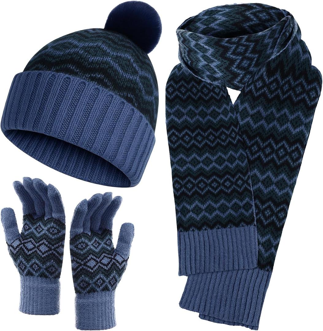 Winter Beanie Hat Scarf Gloves Set for Women Men Warm Hat Long Knit Scarf Glove Cold Weather Winter Gift for Adult (Black, Blue)