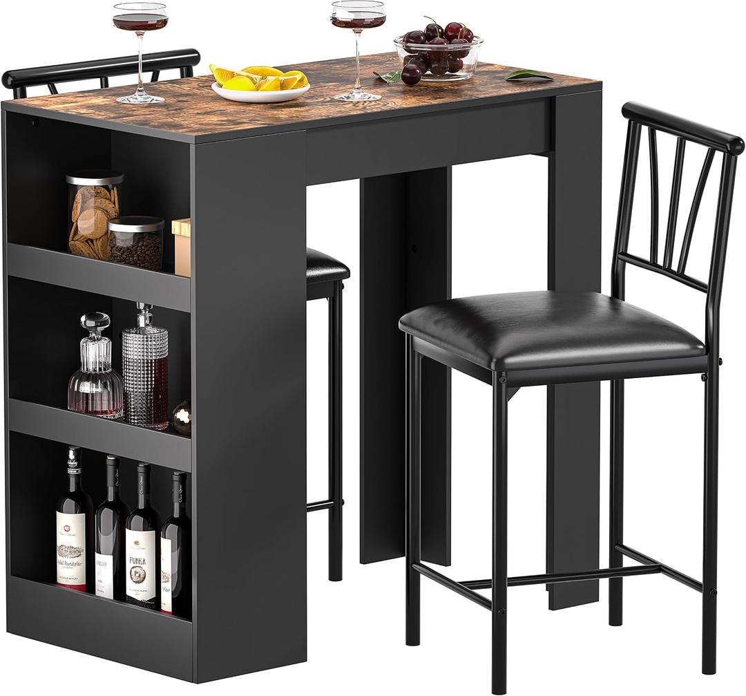 VECELO Small Bar Table and Chairs Tall Kitchen Breakfast Nook with Stools/Dining Set for 2, Storage Shelves, Space-Saving, Retro, 35.8 x 19.7 x 35.8 inches