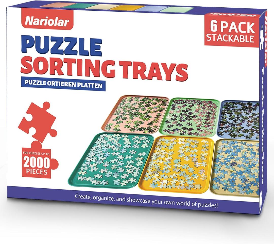 Nariolar 12" x 8.7" Puzzle Sorting Trays Stackable, 6-Pack Puzzle Trays for Sorting 1000/1500/2000 Pieces (Medium)
