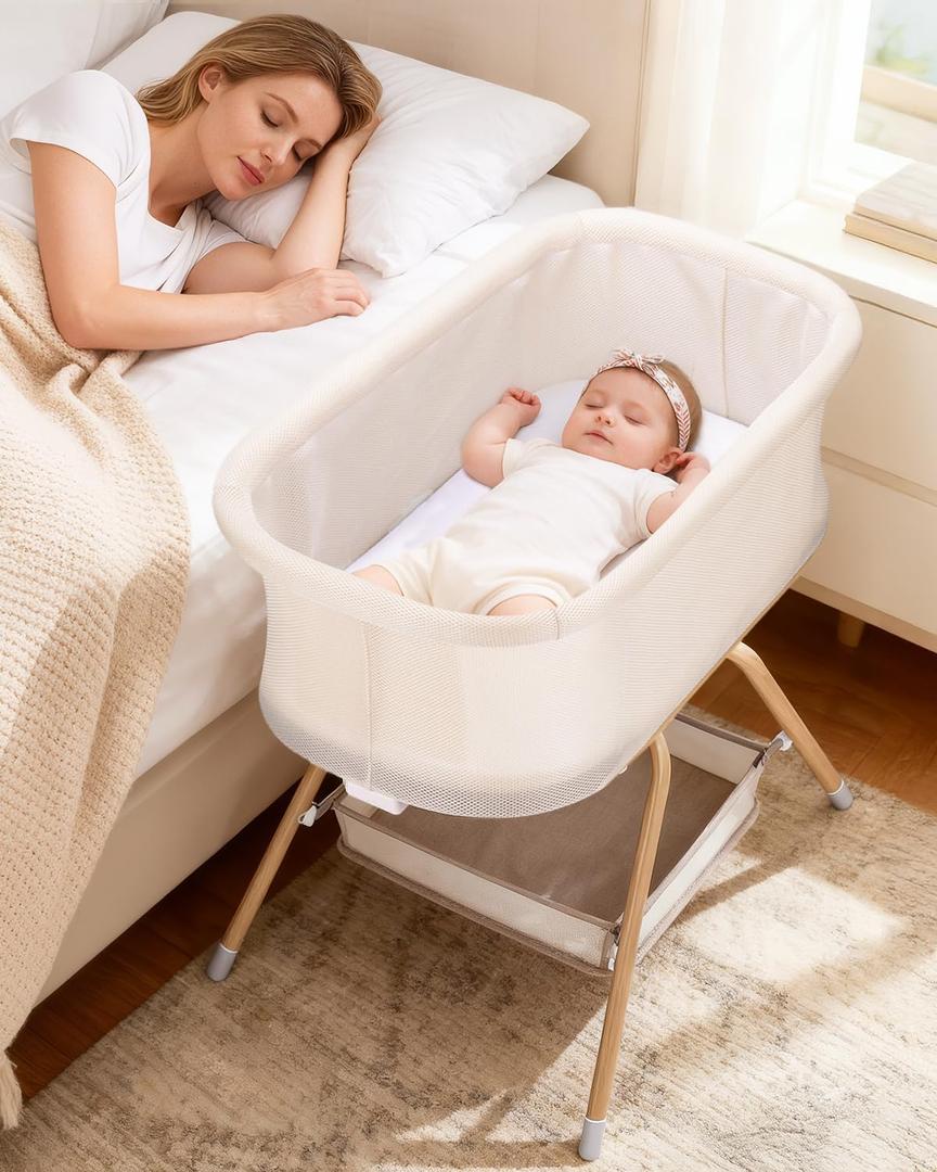 3 in 1 Baby Bassinet, Rocking Bedside Bassinet for Baby with Mesh Design & Soft Mattress, Bassinet Bedside Sleeper for Newborn InfantPortable Nest with Storage Basket, Easy Assemble & Folding Beige, Twin