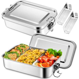 TeamFar Stainless Steel Bento Box, 2 Pack 47oz/1400ml Metal Lunch Box with 3 Compartments for Adults Kids, Large Lunch Food Containers for School/Work/Meal Prep, Leak-Proof & Dishwasher Safe