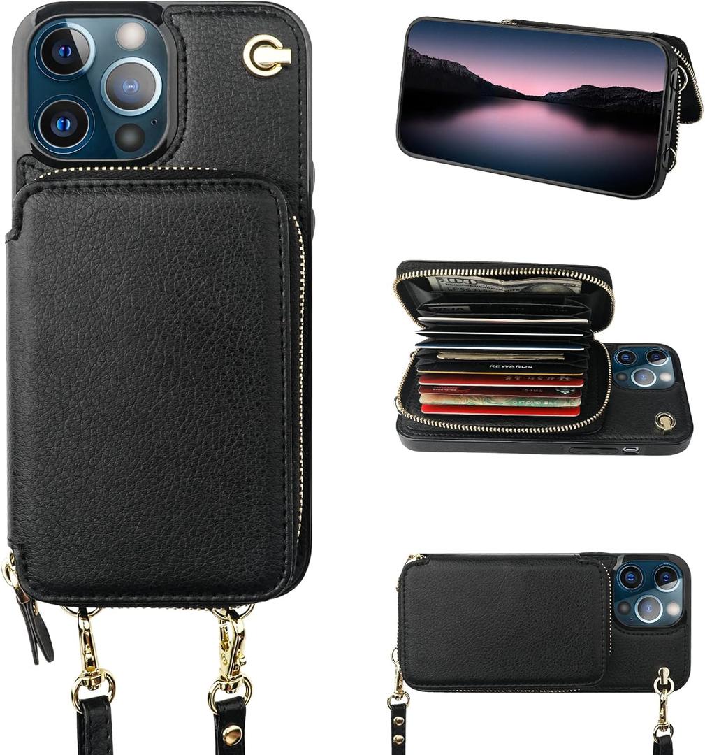 Bocasal Crossbody Wallet Case for iPhone 13 Pro, RFID Blocking Leather Purse Case with Card Holder, Protective Handbag Flip Cover with Zipper Wrist Strap Lanyard for Women 5G 6.1 Inch (Black)