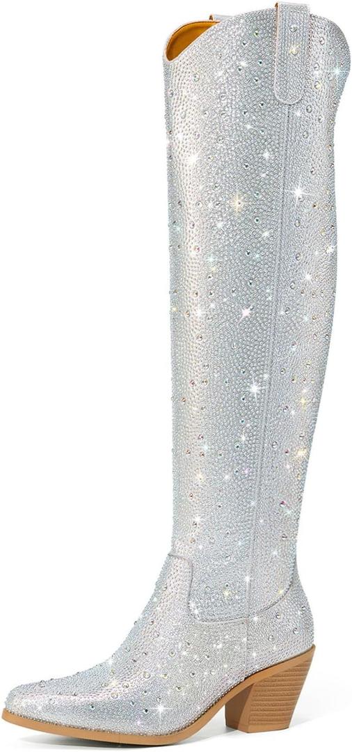 Rollda Rhinestone Cowboy Boots, Sparkly Over the Knee Cowgirl Boots, Pointed Toe Knee High Boots with Chunky Heel Thigh High Boots (8, Silver)