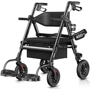 Walkers for Seniors 2 in 1 Wheelchair Combo, 450 lb Foldable Rollator Transport Chair with Seat, Heavy Duty Rolling Walker 10" Wheels for All Terrain, Black