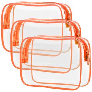 PACKISM Clear Makeup Bag with Zipper, 3 Pack TSA Approved Toiletry Bag, Beauty Cosmetic Bag, Quart Size Travel Bag, Carry-on Airport Airline Compliant Bag, Orange (Medium)