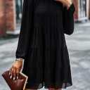 KIRUNDO Long Sleeve Baby Doll Dresses Women 2026 Casual Spring Summer Ruffle Mock Neck Tiered Mini Flowy Swing Shift Dress (Black), L